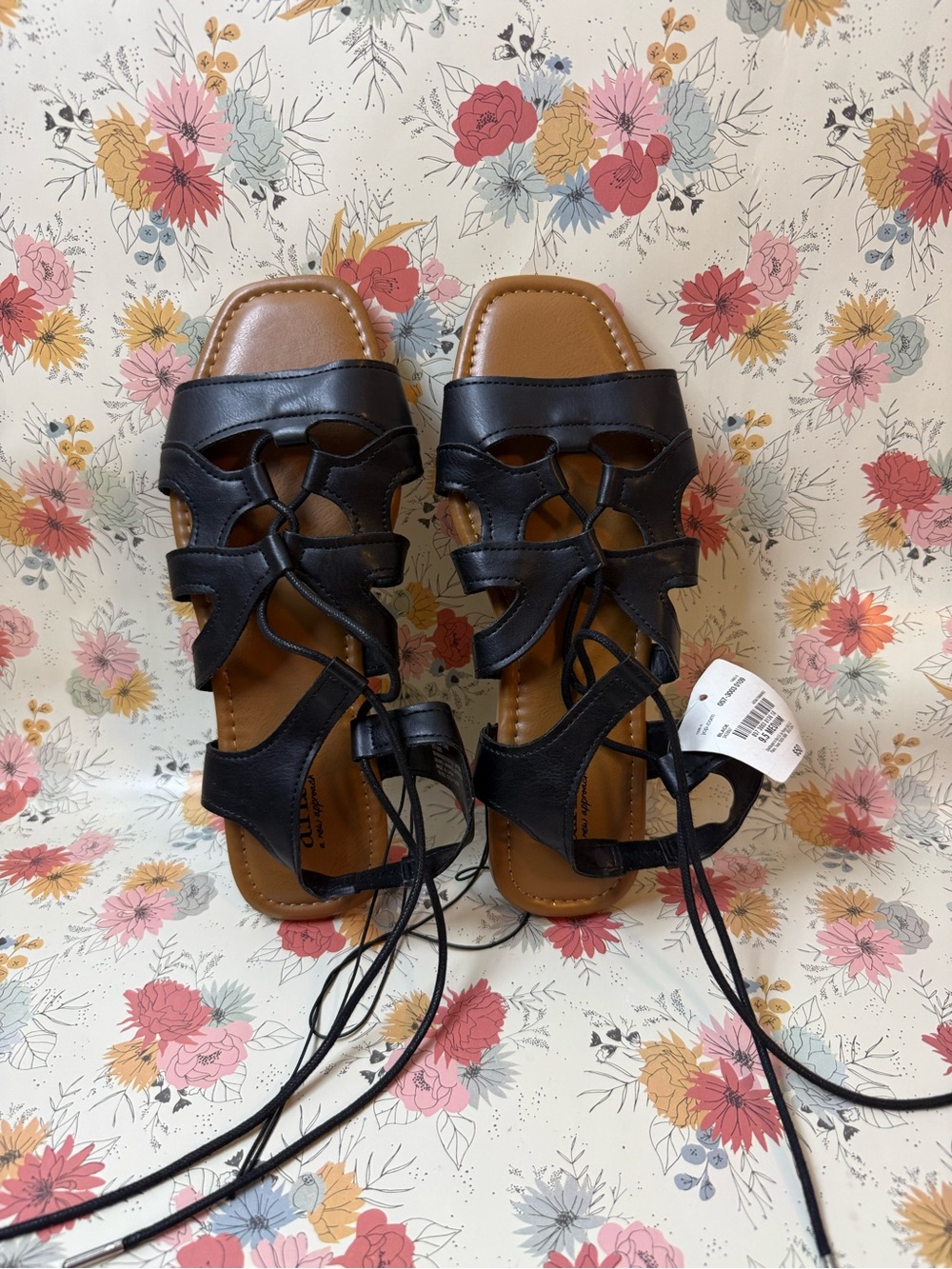 a.n.a Black Lace-Up Women’s Sandals with Tan Footbed